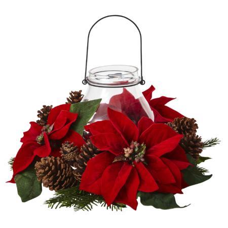 Vibrant Poinsettia Pine and Pine Cone Candelabrum