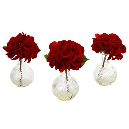 Vibrant Red Hydrangea w-Glass Vase (Set of 3)