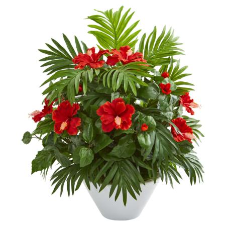 Vibrant Hibiscus and Areca Palm Artificial Plant in White Bowl