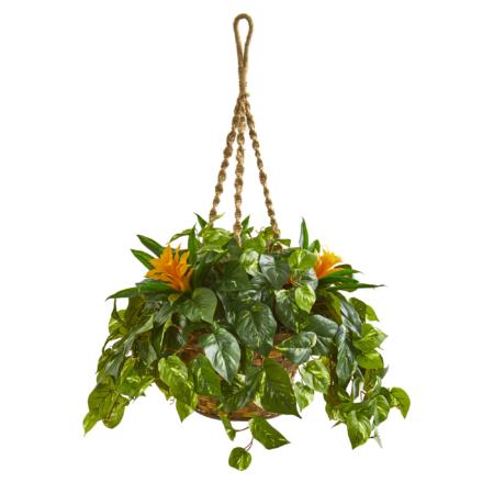 Radiant 31" Bromeliad and Pothos Artificial Plant in Hanging Basket