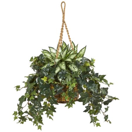 Captivating 30" Silver Queen and Ivy Artificial Plant in Hanging Basket