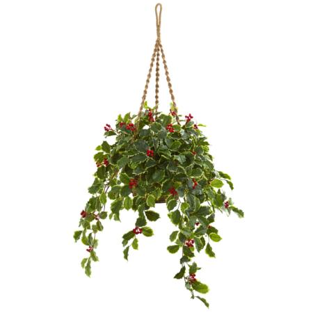 Dazzling 40" Variegated Holly with Berries Artificial Plant in Hanging Basket (Real Touch)