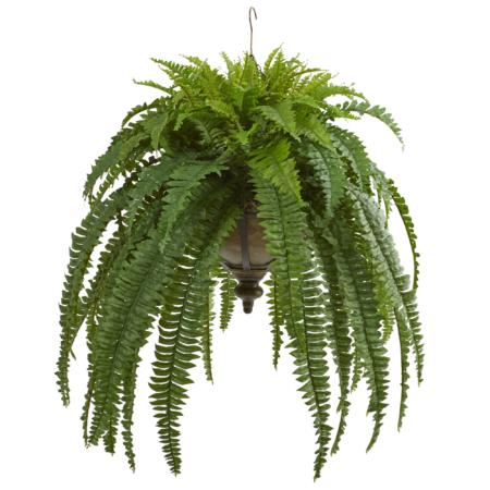 Gorgeous 39" Boston Fern Artificial Plant in Metal Hanging Bowl