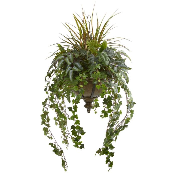 Dazzling 45" Ivy and Mix Greens Artificial Plant in Hanging Metal Bowl