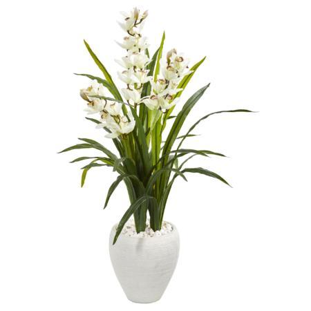 Stunning 4' Cymbidium Orchid Artificial Plant in White Planter