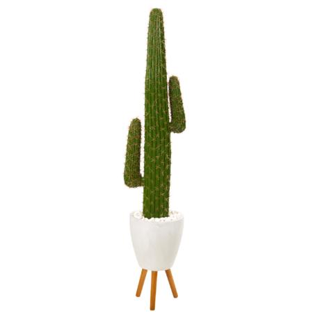 Dazzling 5.5' Cactus Artificial Plant in White Planter with Stand