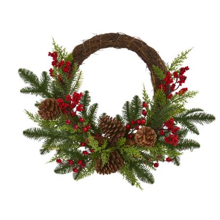 Beautiful 22" Mixed Pine and Cedar with Berries and Pine Cones Artificial Wreath