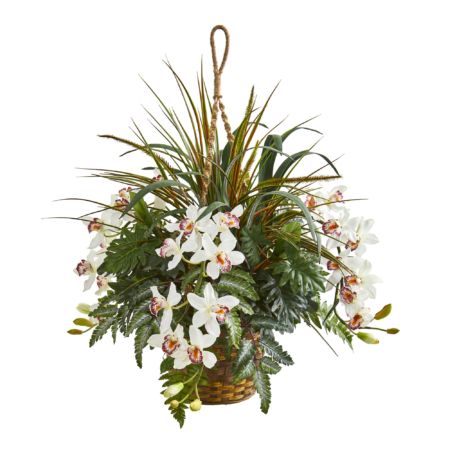 Stunning 29" Cymbidium Orchid and Mixed Greens Artificial Plant Hanging Basket