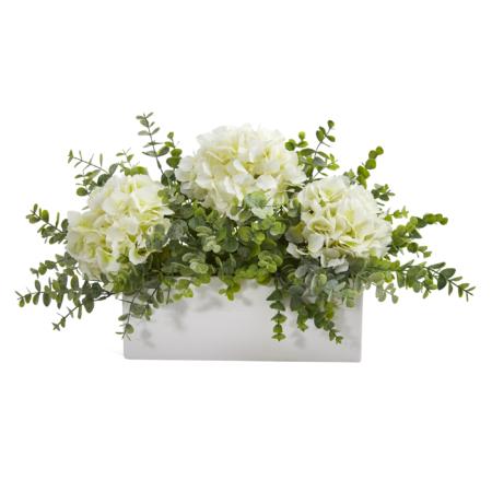 Beautiful 15" Hydrangea and Eucalyptus Artificial Arrangement in White Vase