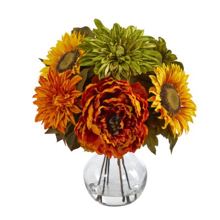 Radiant 12" Peony, Dahlia and Sunflower Artificial Arrangement in Glass Vase