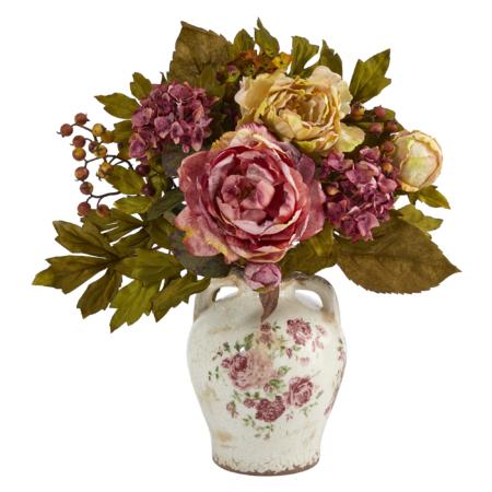 Stunning 16" Peony Artificial Arrangement in Flower Print Jar