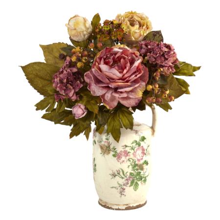 Stunning 18" Peony Artificial Arrangement in Floral Pitcher