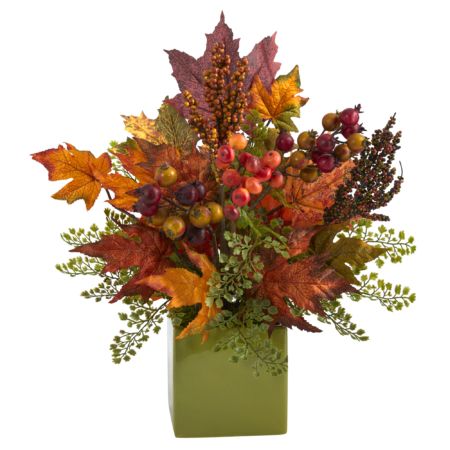 Radiant 17 Maple Leaf, Berries and Maiden Hair Artificial Arrangement in Green Vase