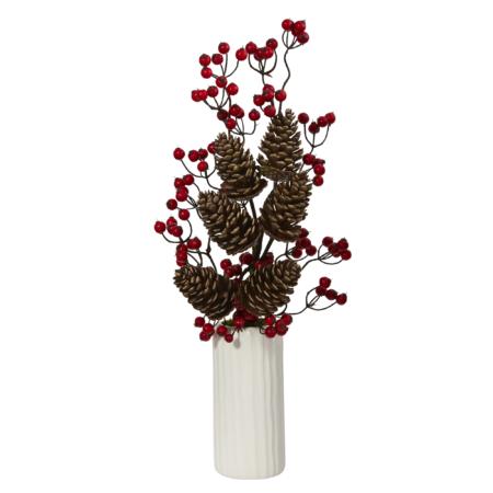 Beautiful 23" Pinecone and Berries Artificial Arrangement in White Vase