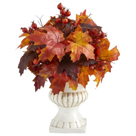 Radiant 20" Autumn Maple Leaf and Berries Artificial Plant in White Urn