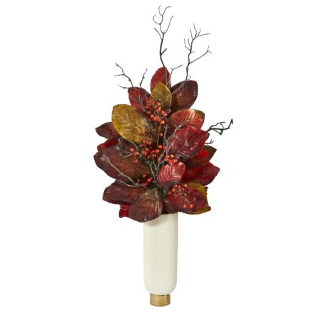 Stunning 38" Autumn Magnolia Leaf with Berries Artificial Plant in Cream Planter with Gold Base