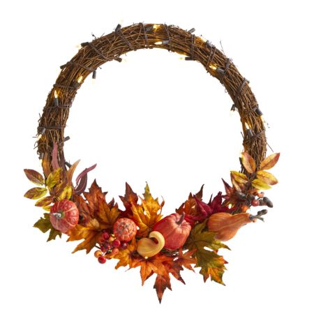 Vibrant 22" Pumpkin and Maple Artificial Autumn Wreath with 50 Warm White LED Lights