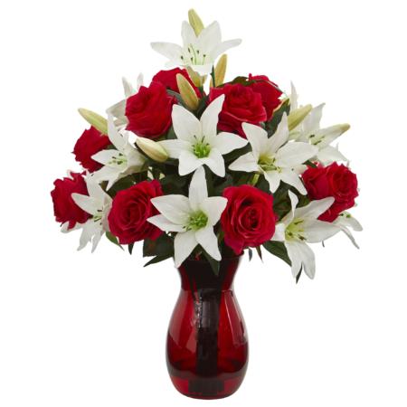 Radiant Roses and Lilies Artificial Arrangement in Red Vase