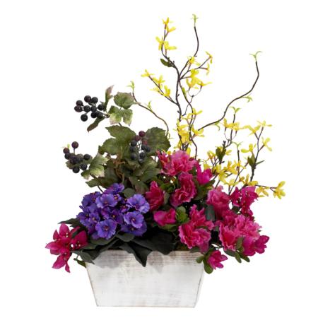 Vibrant Mixed Floral w-Azalea and White Wash Planter Silk Arrangement