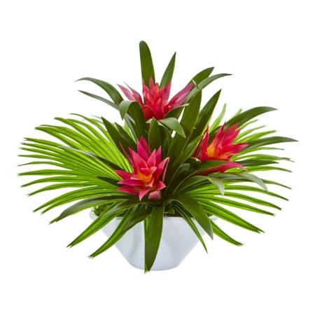 Radiant Bromeliad Artificial Arrangement in Oval White Vase