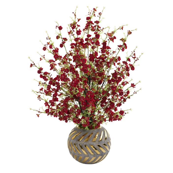 Stunning 30" Cherry Blossom Artificial Arrangement in Stoneware Vase with Gold Trimming