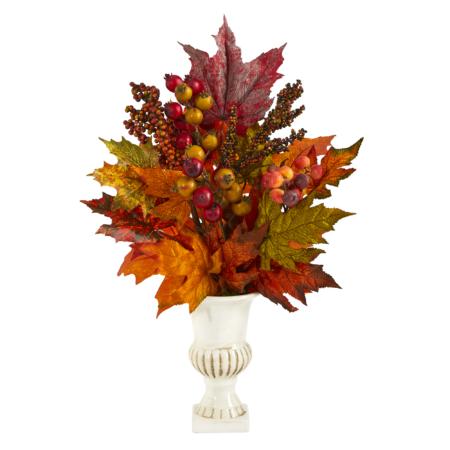 Radiant 20" Maple Leaf and Berries Artificial Arrangement in White Urn