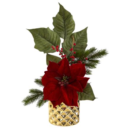 Vibrant 21" Poinsettia, Berries and Pine Artificial Arrangement in Gold Vase