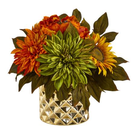 Beautiful 11" Peony, Dahlia and Sunflower Artificial Arrangement in Gold Vase