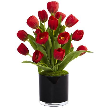 Vibrant 19.5" Tulips in Black Glossy Cylinder Red