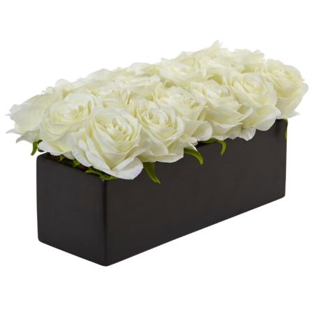 Beautiful 6" Roses in Black Rectangular Planter White