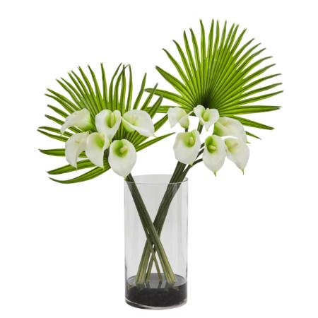 Stunning 27" Calla Lily and Fan Palm in Cylinder Glass