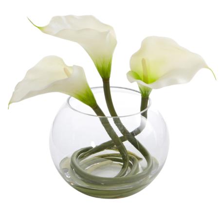 Beautiful Calla Lily Artificial Arrangement in Rounded Glass Vase