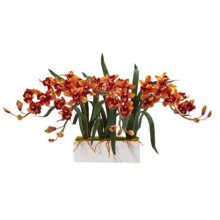 Radiant 15" Cymbidium Artificial Arrangement in White Vase