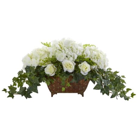 Beautiful 17" Hydrangea and Roses Artificial Arrangement in Planter