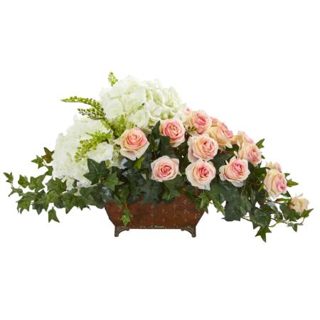 Vibrant 29" Hydrangea and Rose Artificial Arrangement in Planter