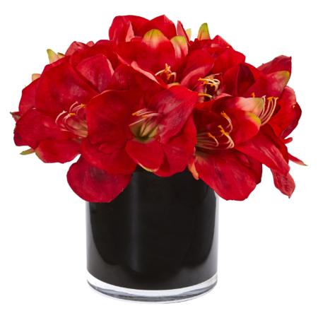 Vibrant 11" Amaryllis Artificial Arrangement in Glossy Cylinder