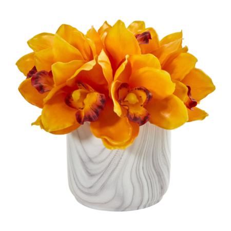 Vibrant 7" Cymbidium Orchid Artificial Arrangement in Marble Vase