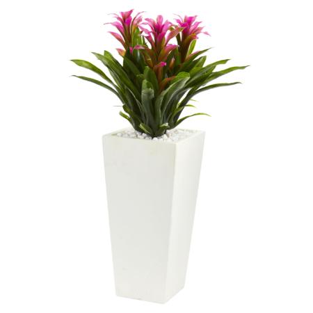 26" Triple Bromeliad Plant in White Tower Planter - Purple