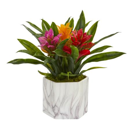 Bromeliad Artificial Plant in Marble Finished Vase - Assorted