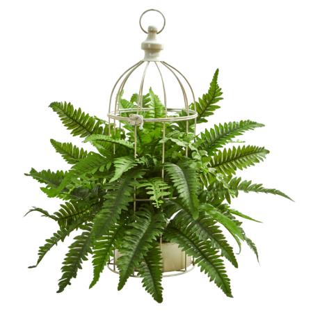 Beautiful 19" Boston Fern Artificial Plant in Decorative Cage