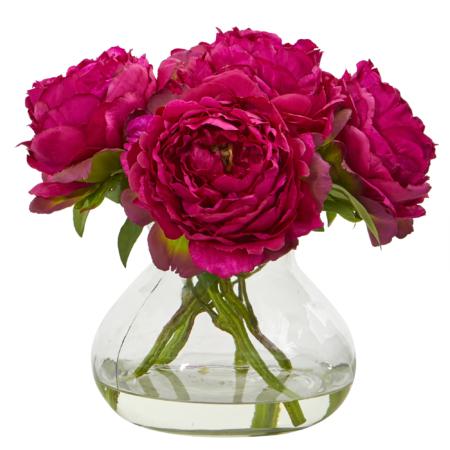 10" Peony Artificial Arrangement in Glass Vase