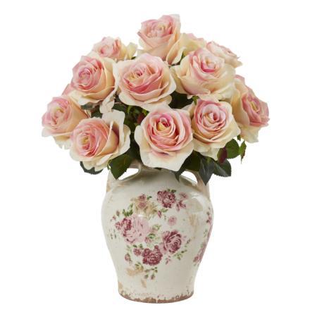 16" Rose Artificial Arrangement in Flower Print Jar