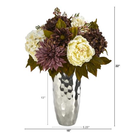 Radiant 22" Peony Hydrangea and Dahlia Arrangement in Silver Vase