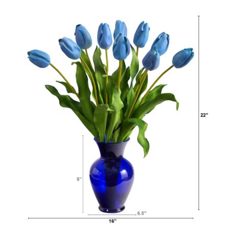 22" Dutch Tulip Artificial Arrangement in Blue Colored Vase