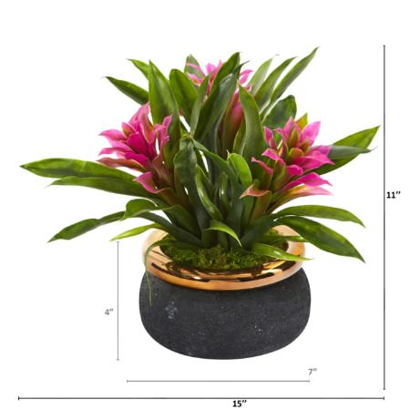 11" Bromeliad Artificial Plant in Stoneware Planter - Purple