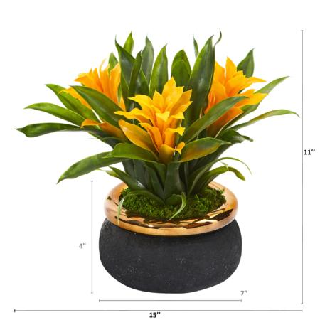 11" Bromeliad Artificial Plant in Stoneware Planter - Yellow