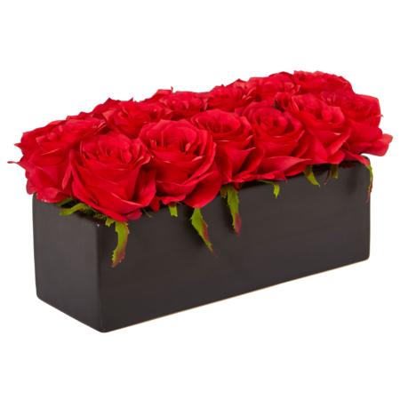 Red Roses in Black Rectangular Planter