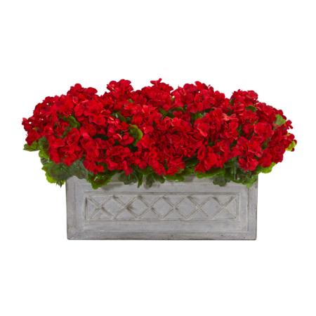 Geranium Artificial Plant in Stone Planter - UV Resist -Red