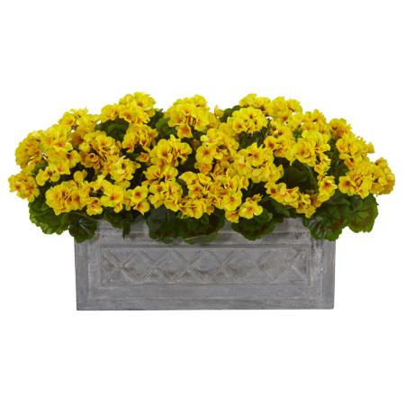 Geranium Artificial Plant in Stone Planter UV Resist Yellow